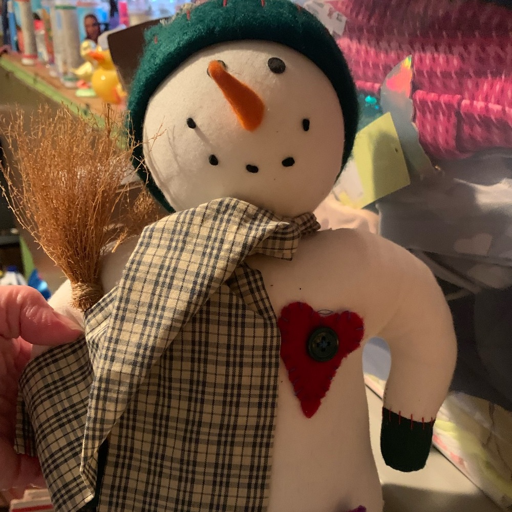 Snowman Plush with Plaid Scarf and Red Heart